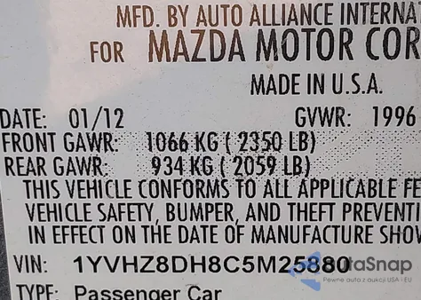 2012 Mazda Mazda6 I Touring from USA, damaged, VIN 1YVHZ8DH8C5M25880